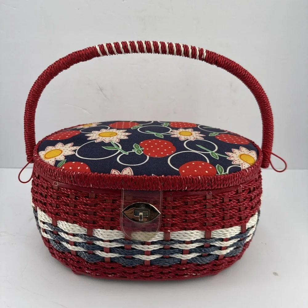 Vtg 60s wicker sewing basket Strawberry Floral Red White Blue W/ Contents Japan